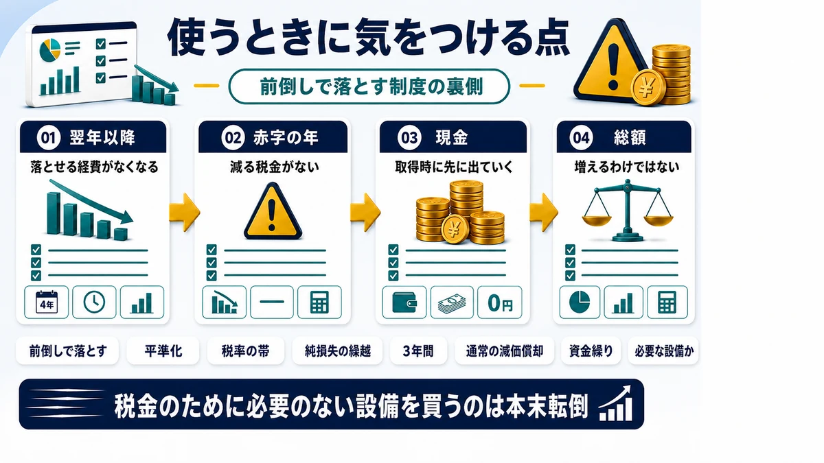 少額減価償却資産の特例を使うときの注意点を示した図