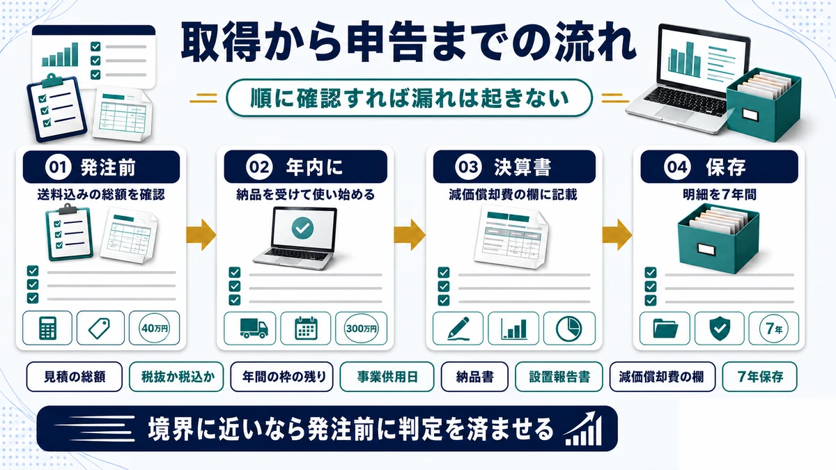 少額減価償却資産の特例を使うときの取得から申告までの流れを示した図