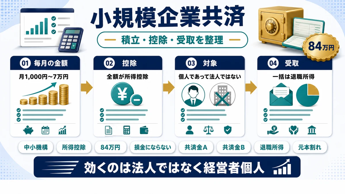 小規模企業共済の掛金・所得控除・受取方法をまとめた図