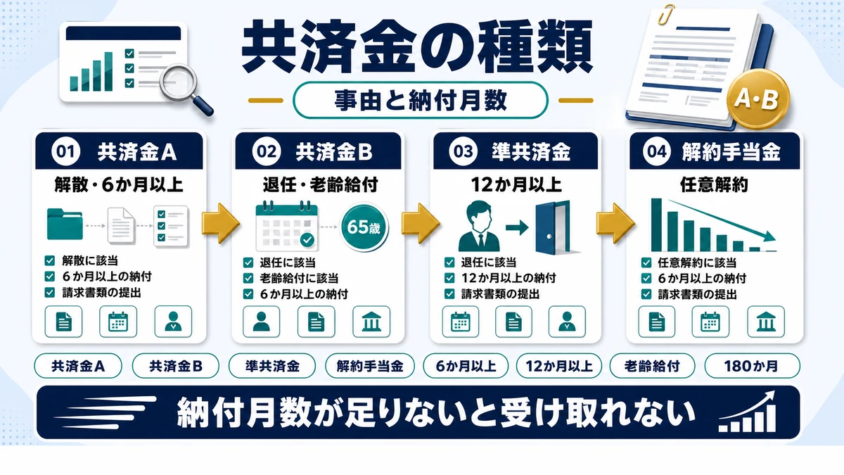 共済金A・B・準共済金・解約手当金の請求事由と必要な納付月数を示した図