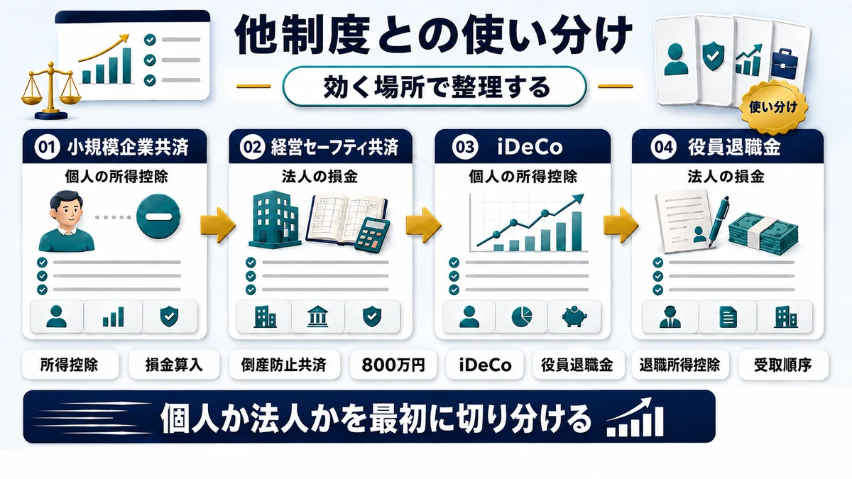 小規模企業共済と倒産防止共済・iDeCo・役員退職金の使い分けを示した図