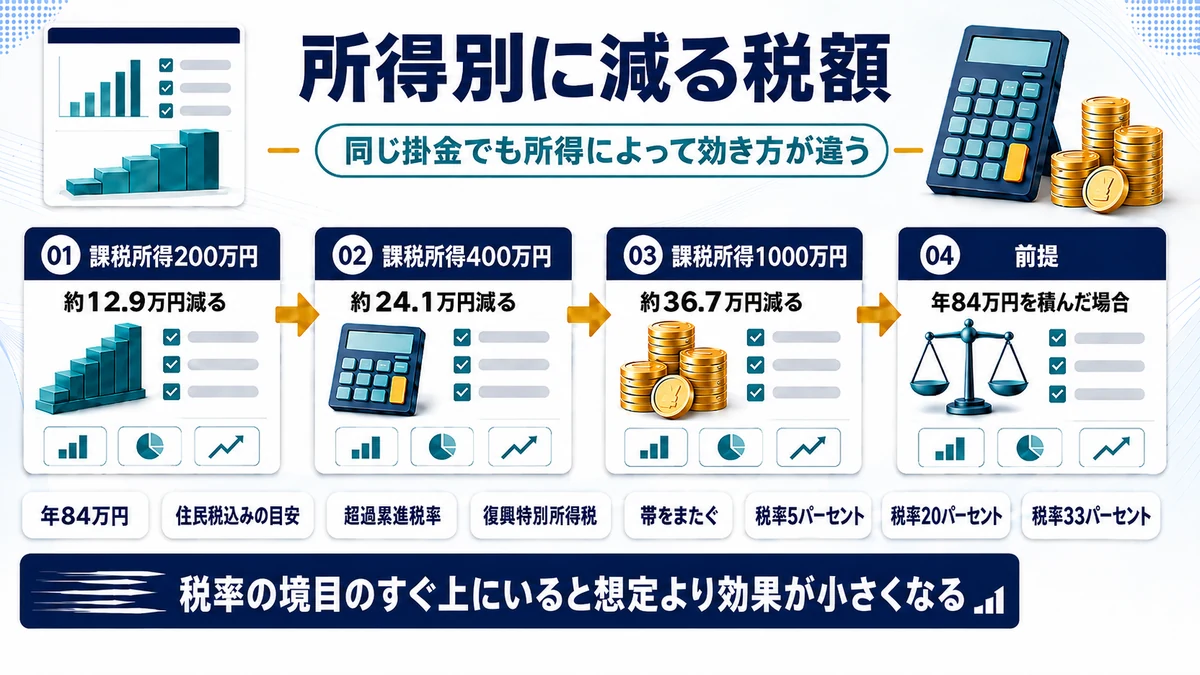 小規模企業共済の掛金による減税額を課税所得別に示した図