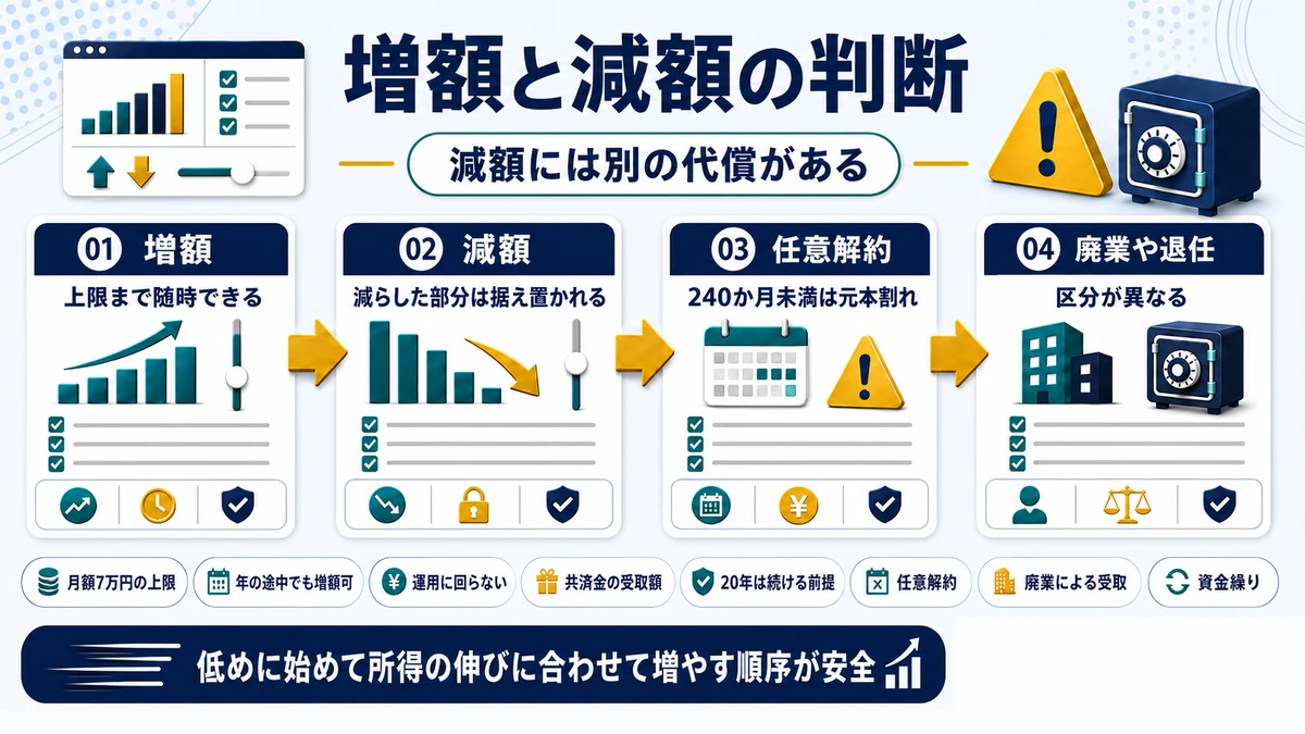 小規模企業共済の掛金を増額または減額するときの判断基準を示した図