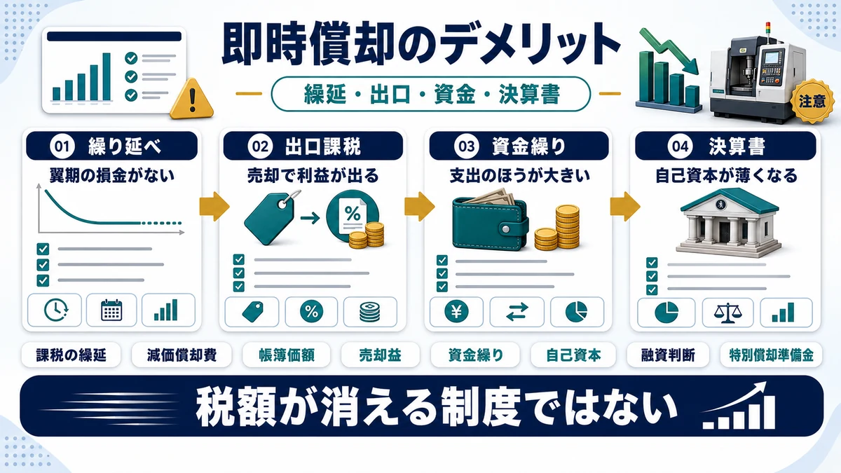 即時償却のデメリットを繰延・出口・資金・決算書の4区分で示した図