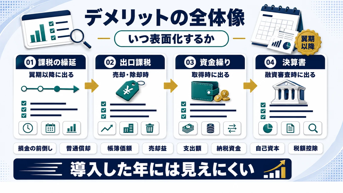即時償却 デメリットの全体像の要点を整理した図