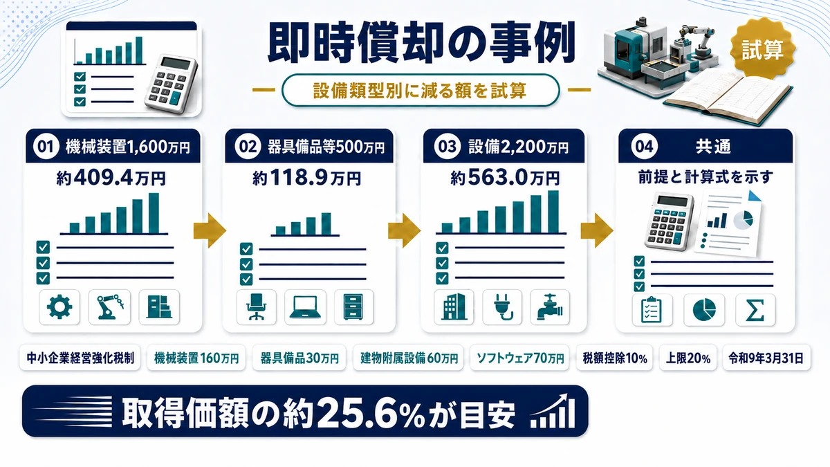設備類型別の即時償却モデルケースと減る税額をまとめた図