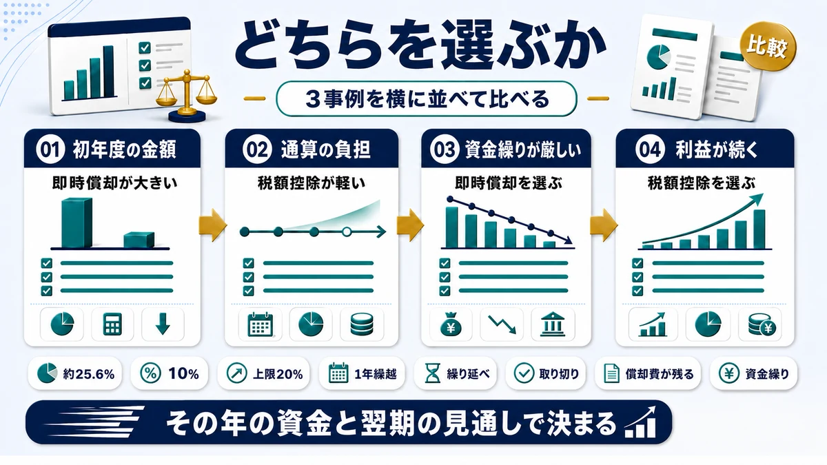 3つの事例で即時償却と税額控除の効果を比較した図