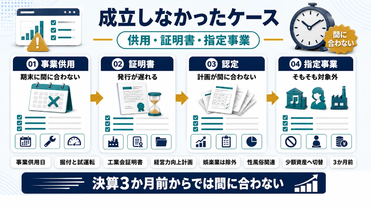 即時償却を使えなかった典型的な失敗パターンを示した図