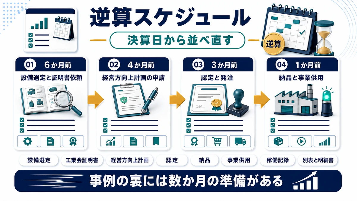 即時償却を使うための決算日からの逆算スケジュールを示した図