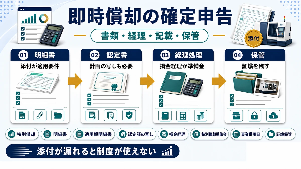 即時償却の確定申告に必要な書類・経理処理・記載・保管をまとめた図
