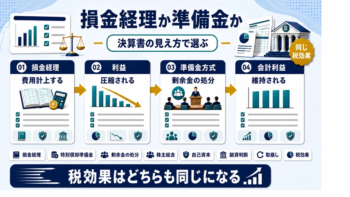 会計処理は損金経理か準備金方式かを選ぶの要点を整理した図