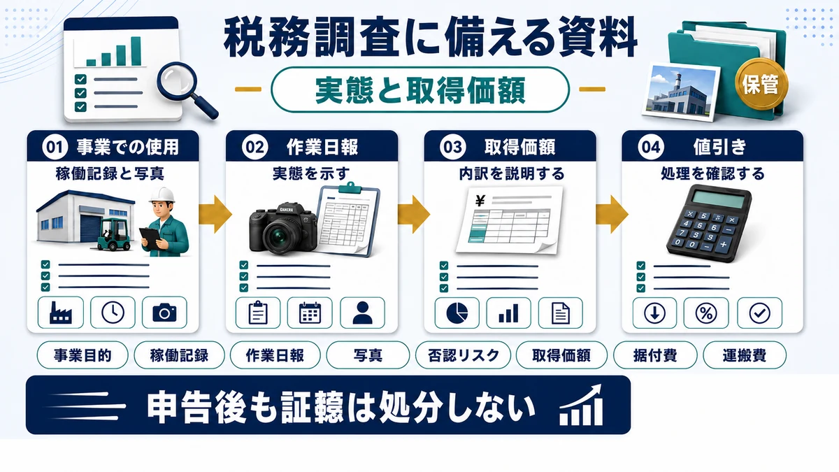 税務調査に備えて残す資料の要点を整理した図