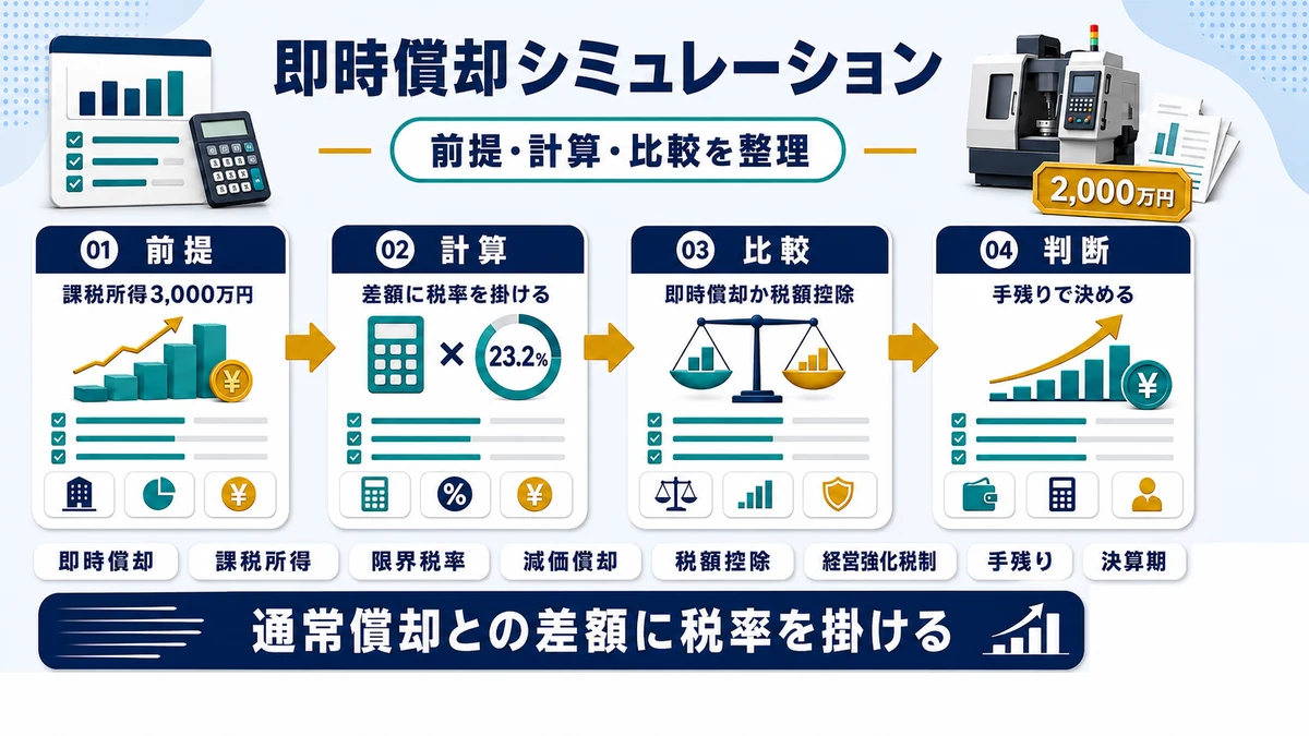 即時償却シミュレーションの前提・計算・比較・判断の流れをまとめた図