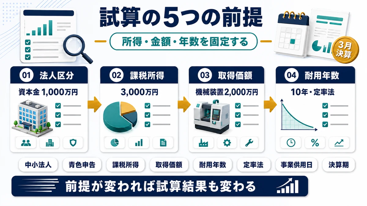 即時償却 シミュレーションの前提を決めるの要点を整理した図