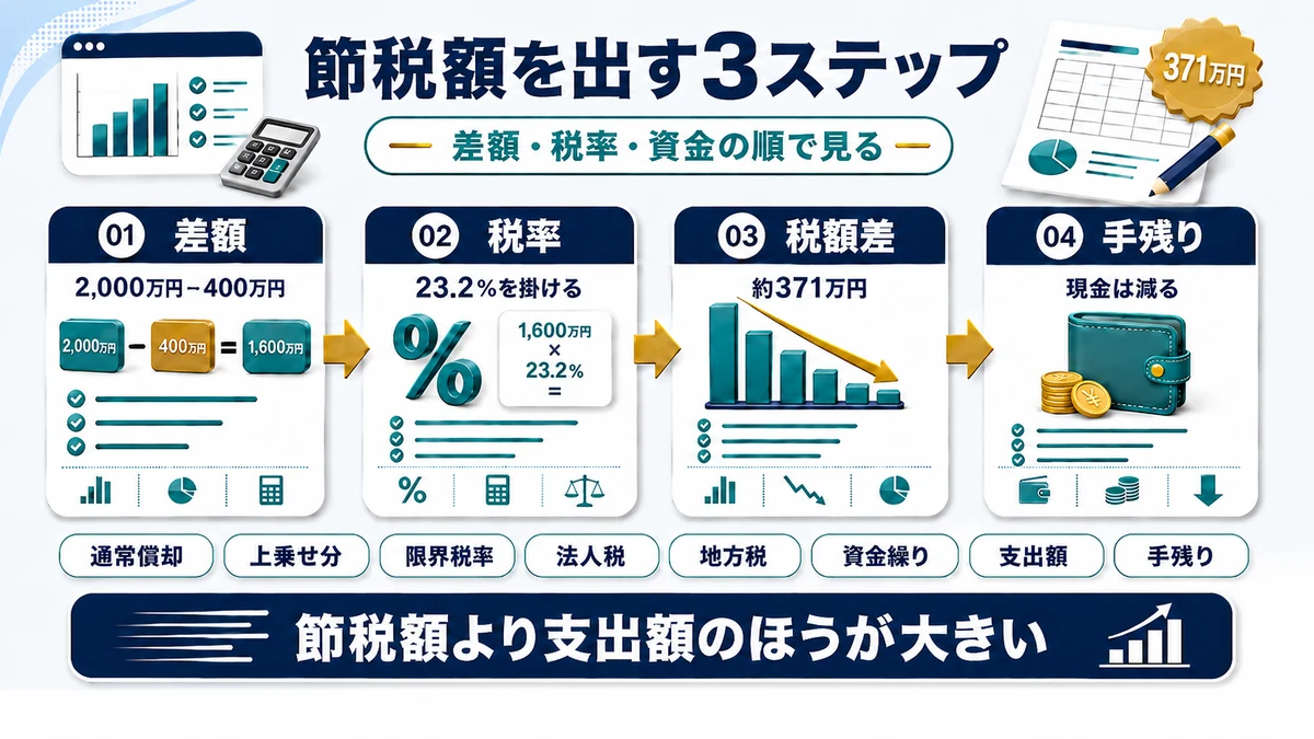 即時償却の効果を求める3ステップの要点を整理した図