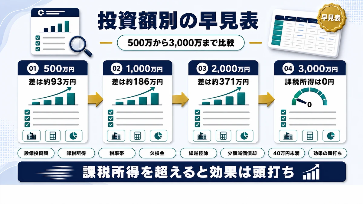 設備投資額別の即時償却 シミュレーション早見表の要点を整理した図