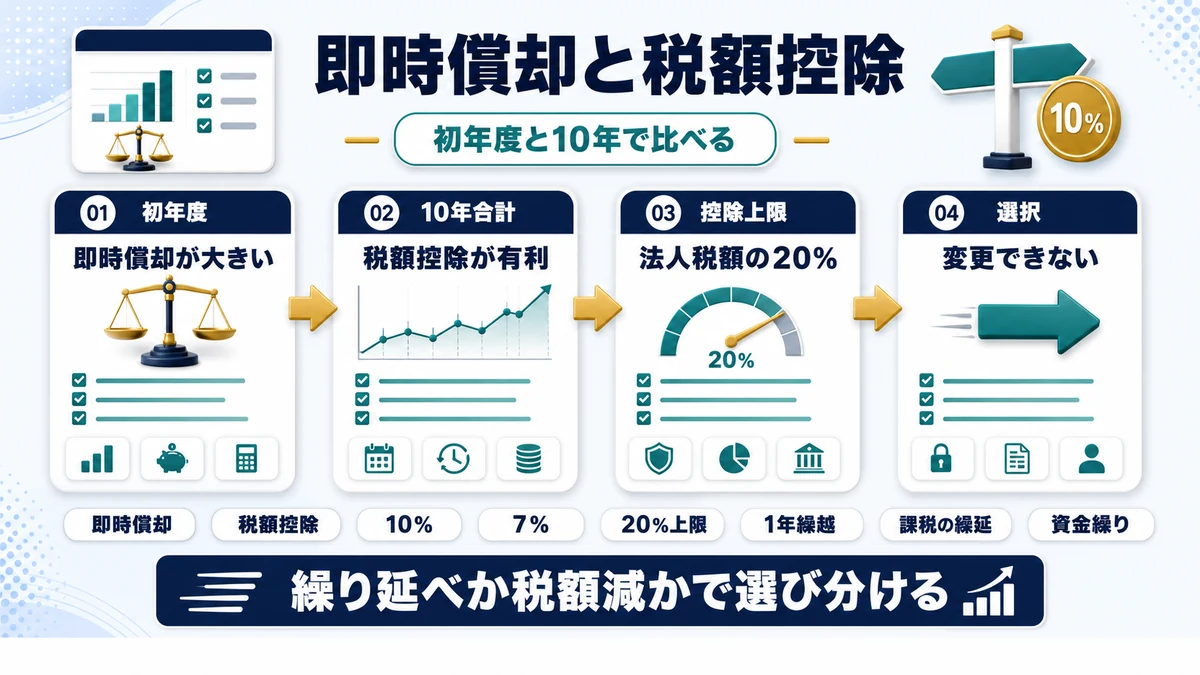 即時償却と税額控除を同じ条件で比較するの要点を整理した図