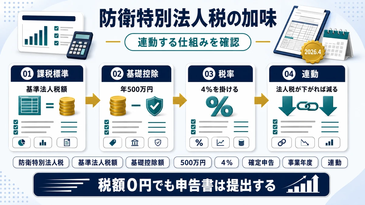 防衛特別法人税を加味した2026年度の試算の要点を整理した図