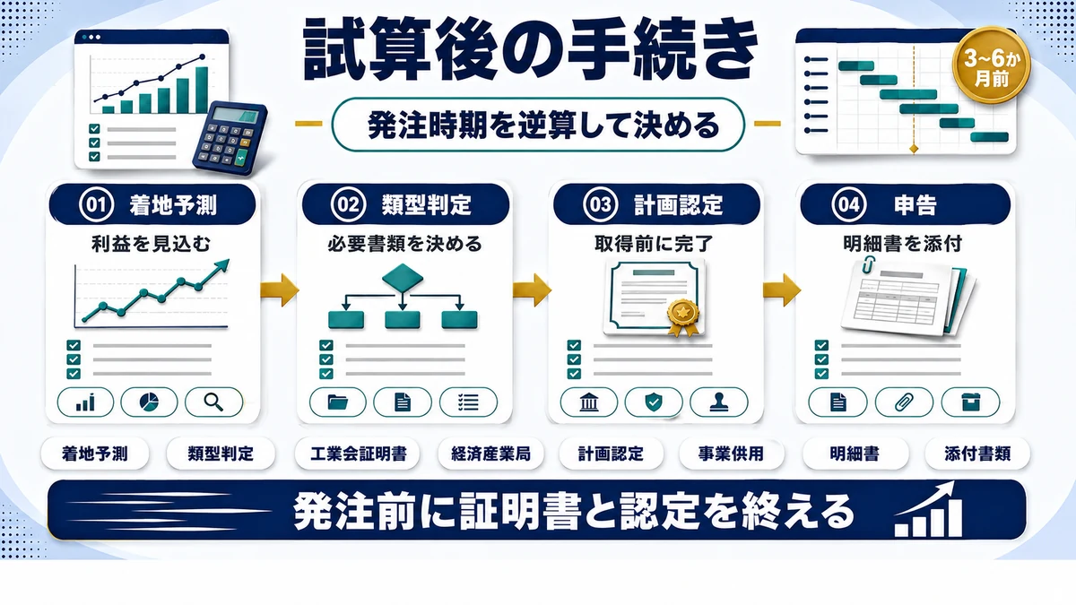 試算後に進める手続きと発注時期の要点を整理した図