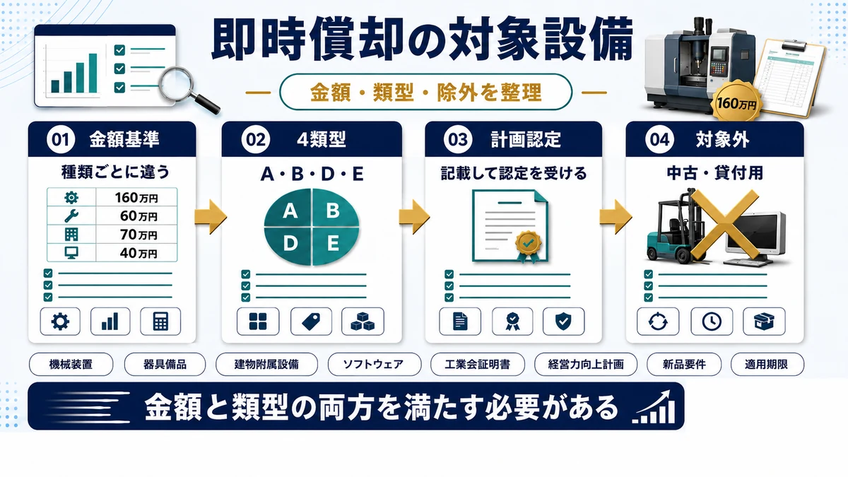 即時償却の対象設備を金額基準・4類型・除外事由で整理した図