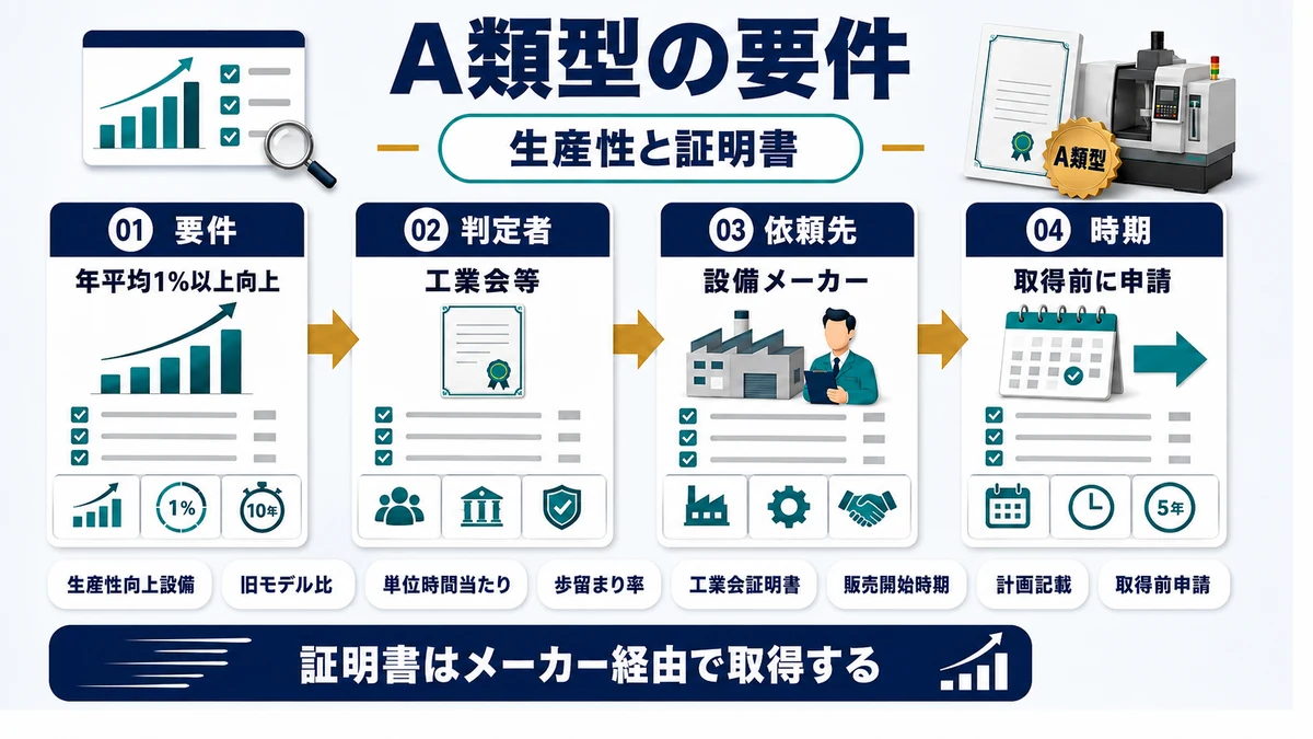 A類型(生産性向上設備)の対象と証明書の要点を整理した図