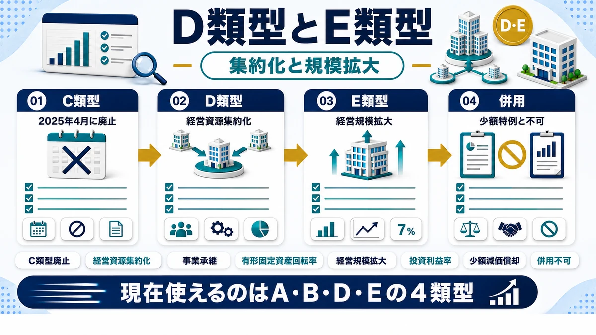 D類型・E類型の対象と使いどころの要点を整理した図