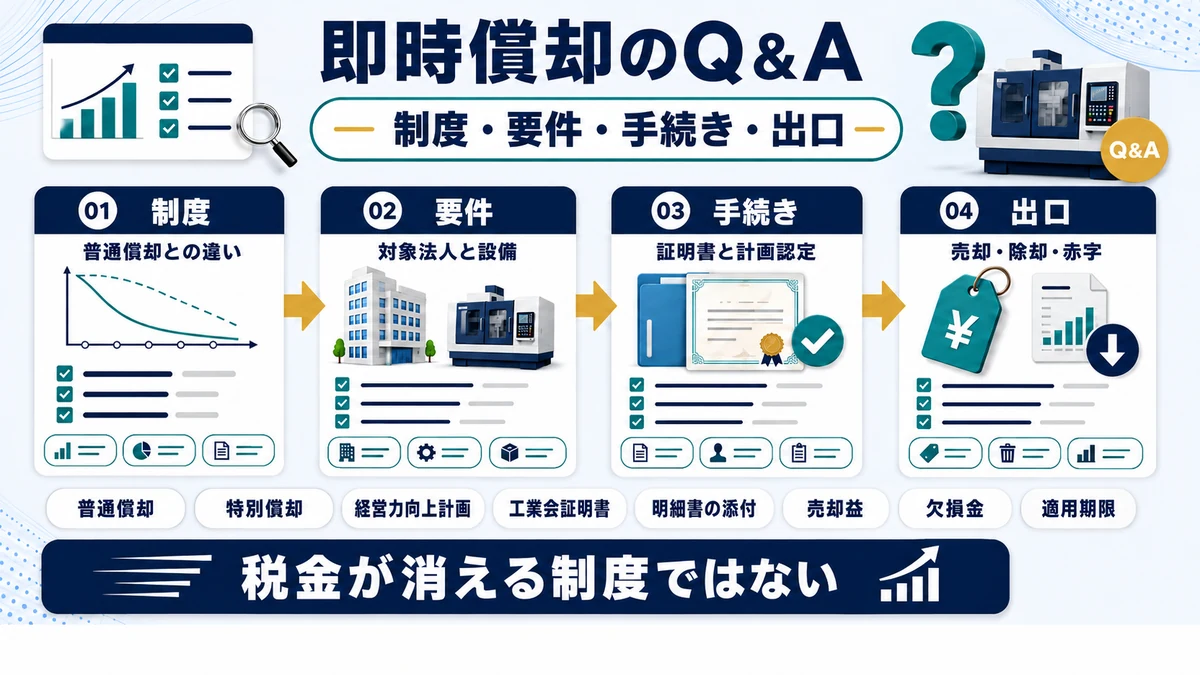 即時償却のよくある質問を制度・要件・手続き・出口の4区分で整理した図
