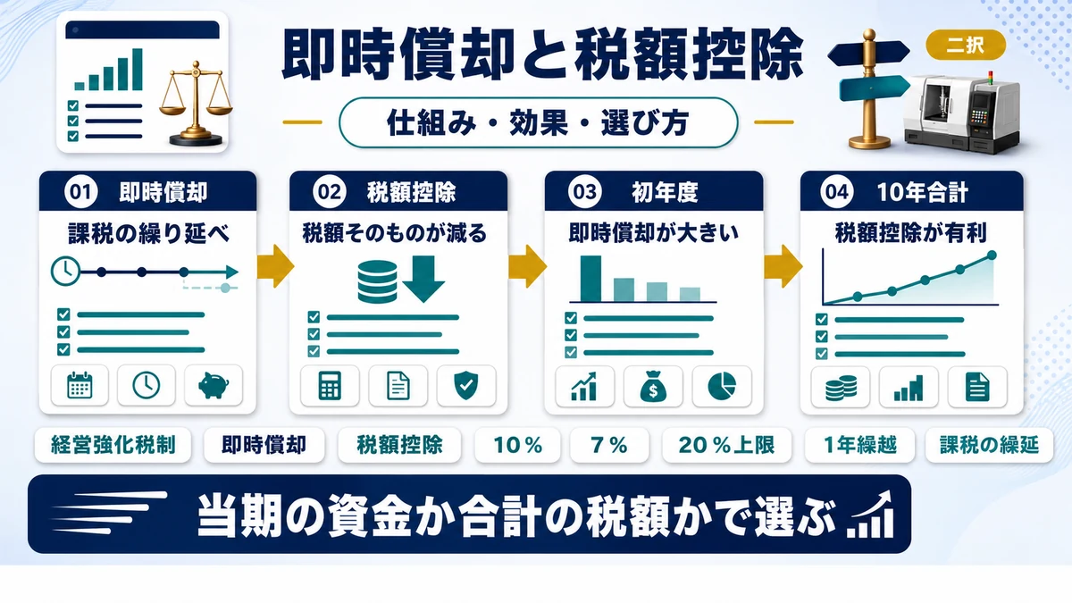 定額法・定率法・即時償却・税額控除の違いの要点を整理した図