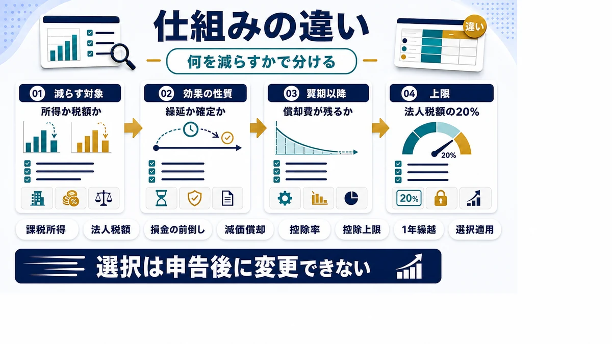 即時償却 税額控除 違いの全体像の要点を整理した図
