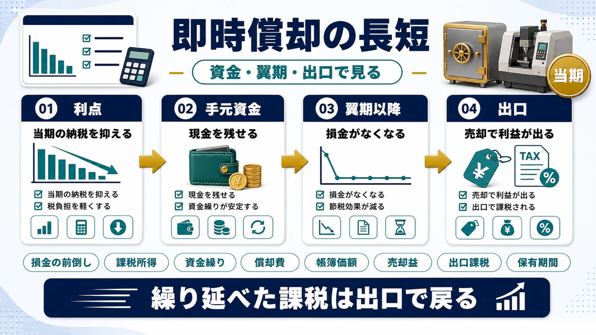 即時償却の仕組みとメリット・デメリットの要点を整理した図