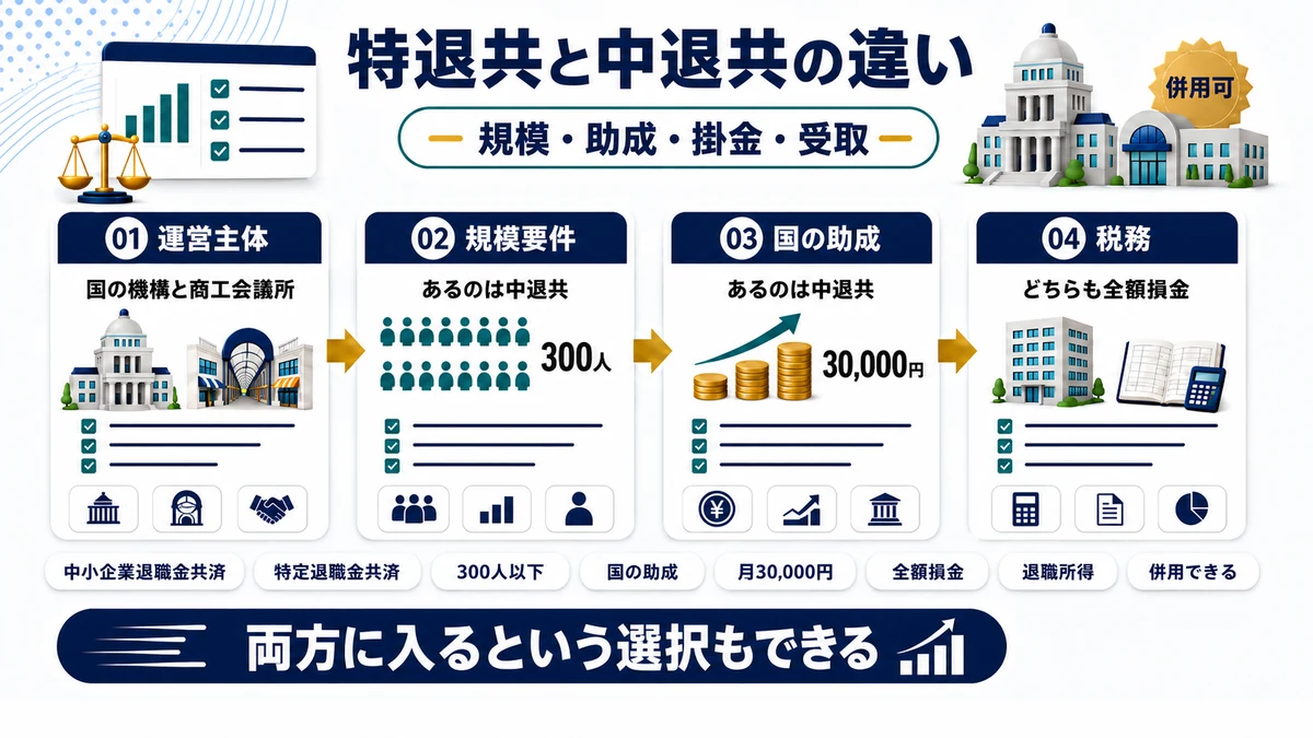 特退共と中退共の運営主体・規模要件・助成・掛金の違いをまとめた図