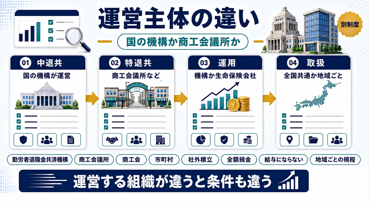 中退共は国の機構、特退共は商工会議所などが運営することを示した図