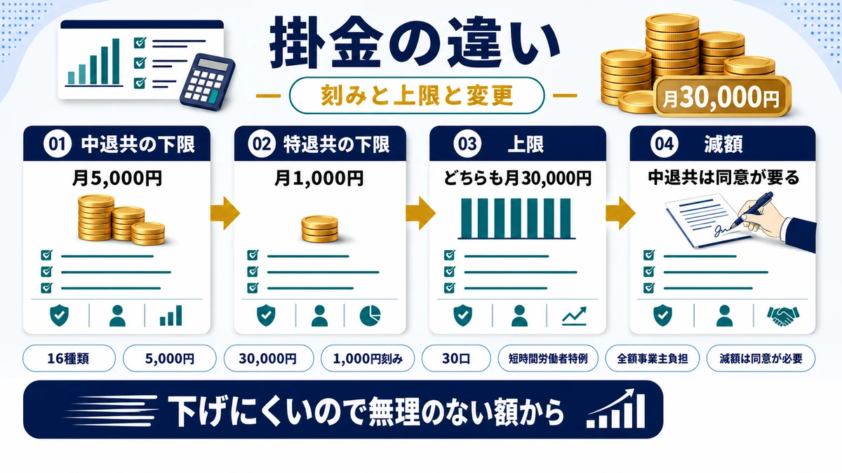 中退共と特退共の掛金月額の刻みと上限の違いを示した図