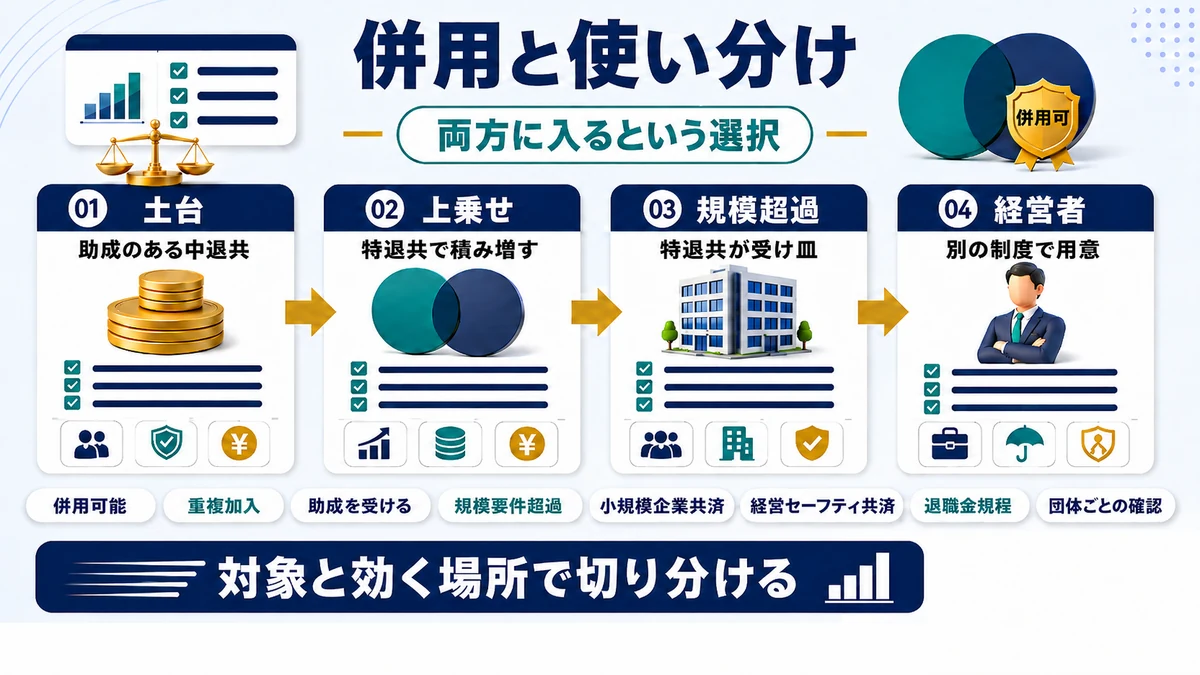 中退共と特退共を併用する場合の役割分担を示した図