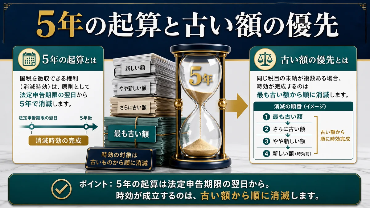 5年の起算と古い額の優先