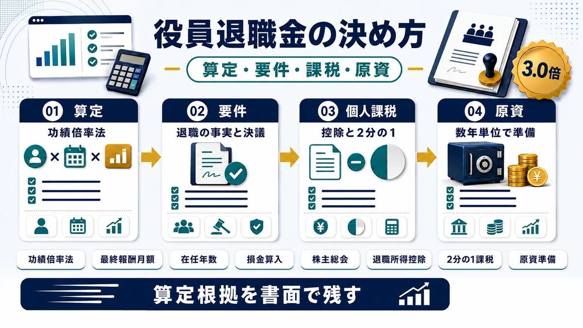 役員退職金の算定方法と損金算入要件をまとめた図