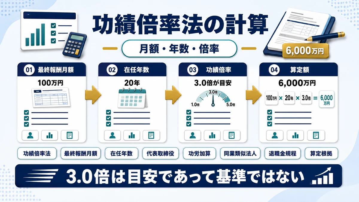 功績倍率法による役員退職金の計算式と役職別の倍率目安を示した図