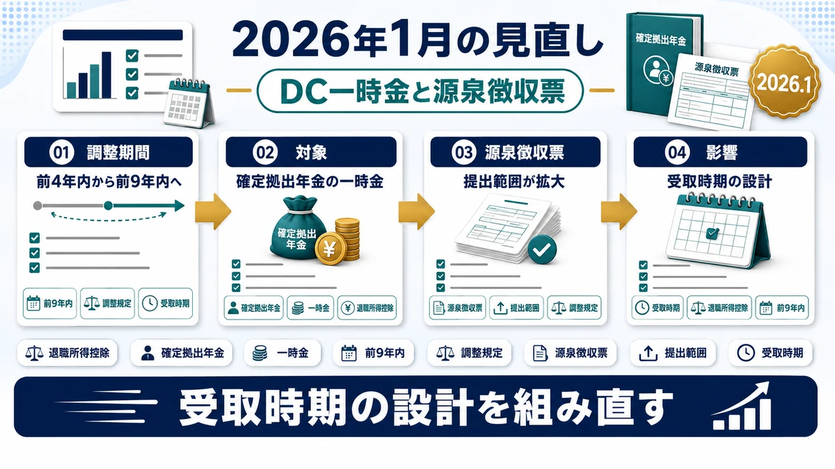 2026年1月からの退職所得控除の調整期間拡大と源泉徴収票の提出範囲拡大を示した図