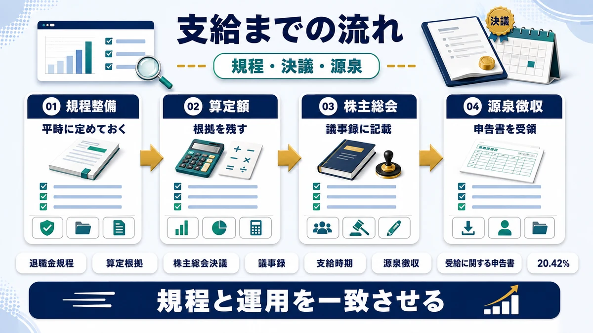 役員退職金の支給までの5ステップを示した図