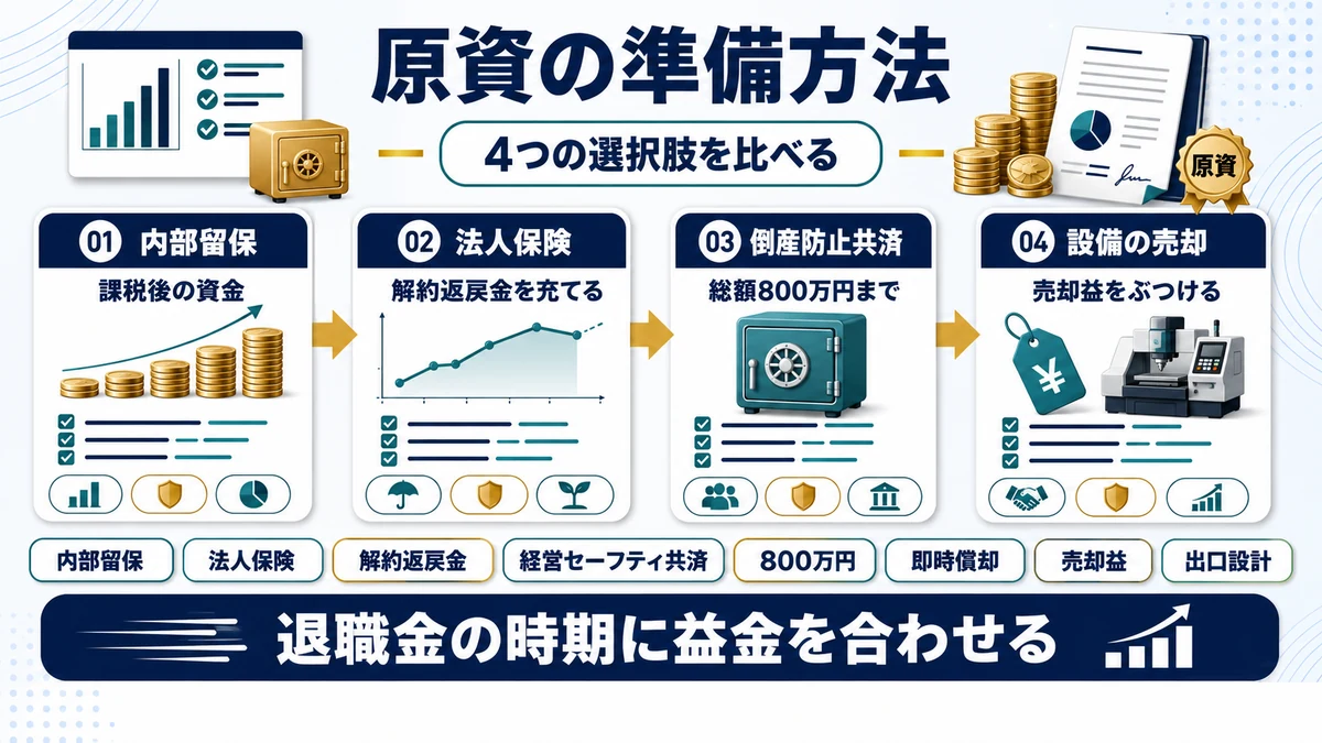 役員退職金の原資を準備する4つの選択肢を比較した図