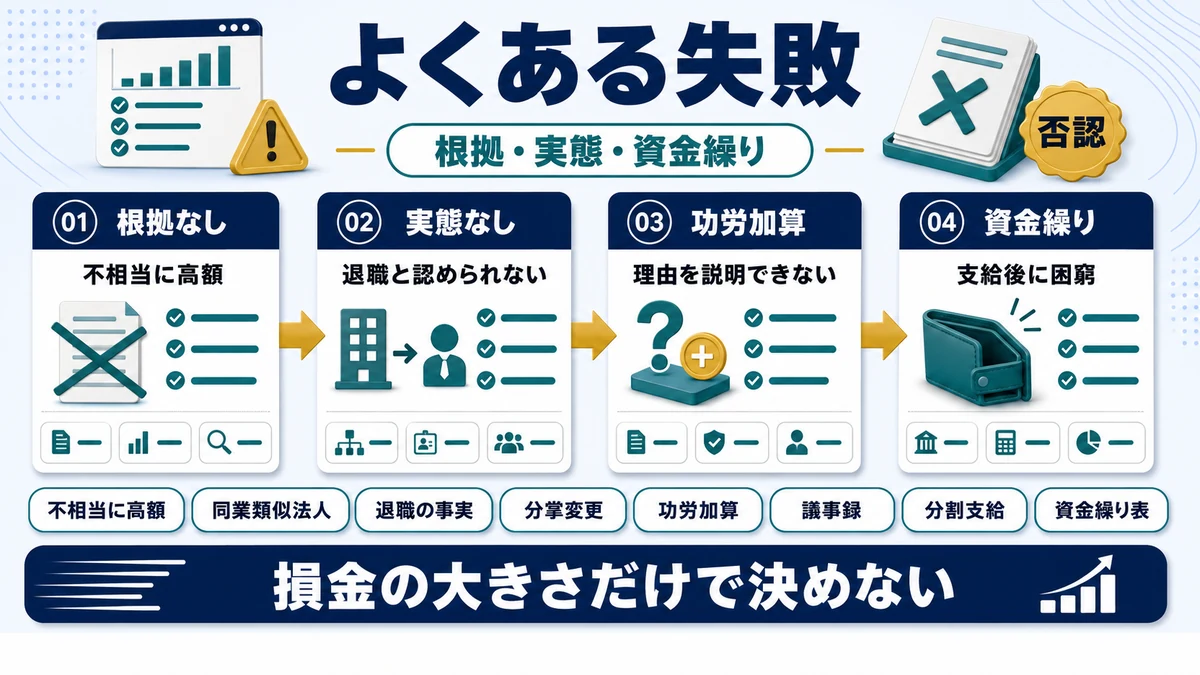 役員退職金で税務調査に指摘されやすい4つの論点を示した図