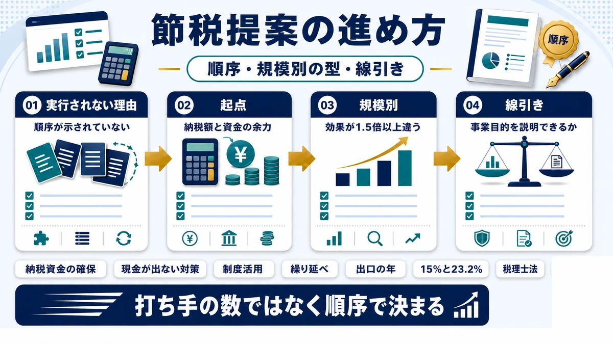 節税提案の順序と利益規模別の型をまとめた図