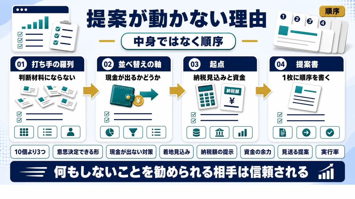 節税提案が実行されない原因と順序で解決する考え方を示した図