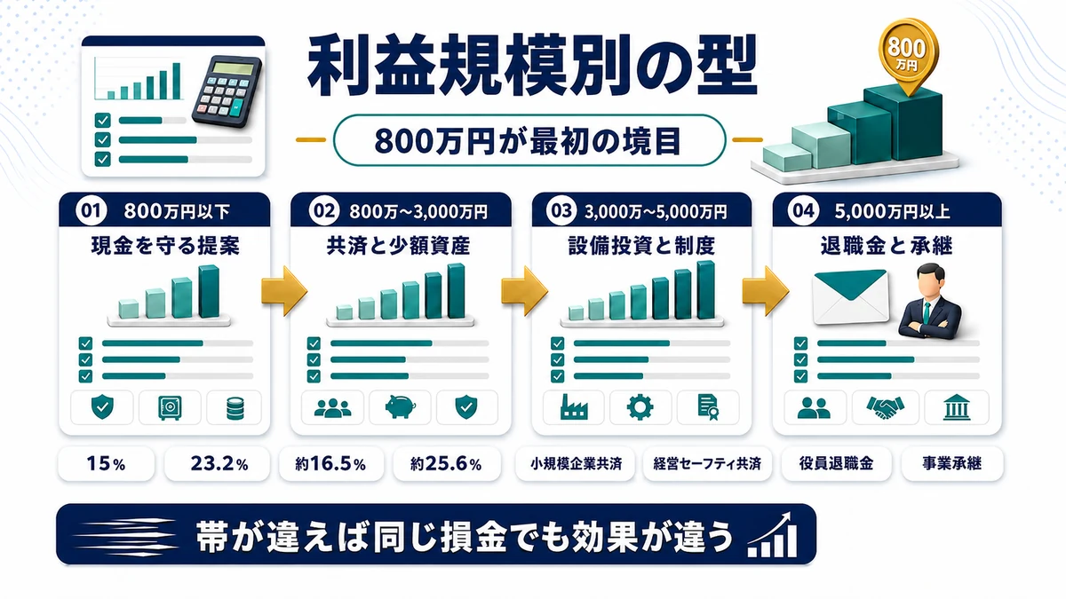 所得規模別に節税提案の型が変わることを示した図
