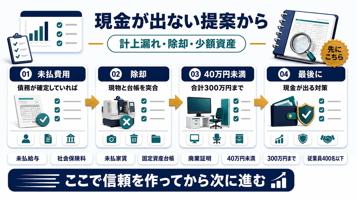 現金の支出を伴わない節税提案を先に出す順序を示した図