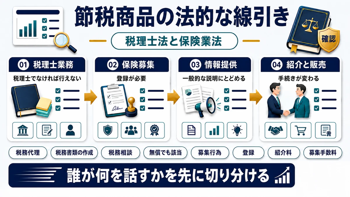 税理士法と保険業法における節税商品の取り扱いの線引きを示した図