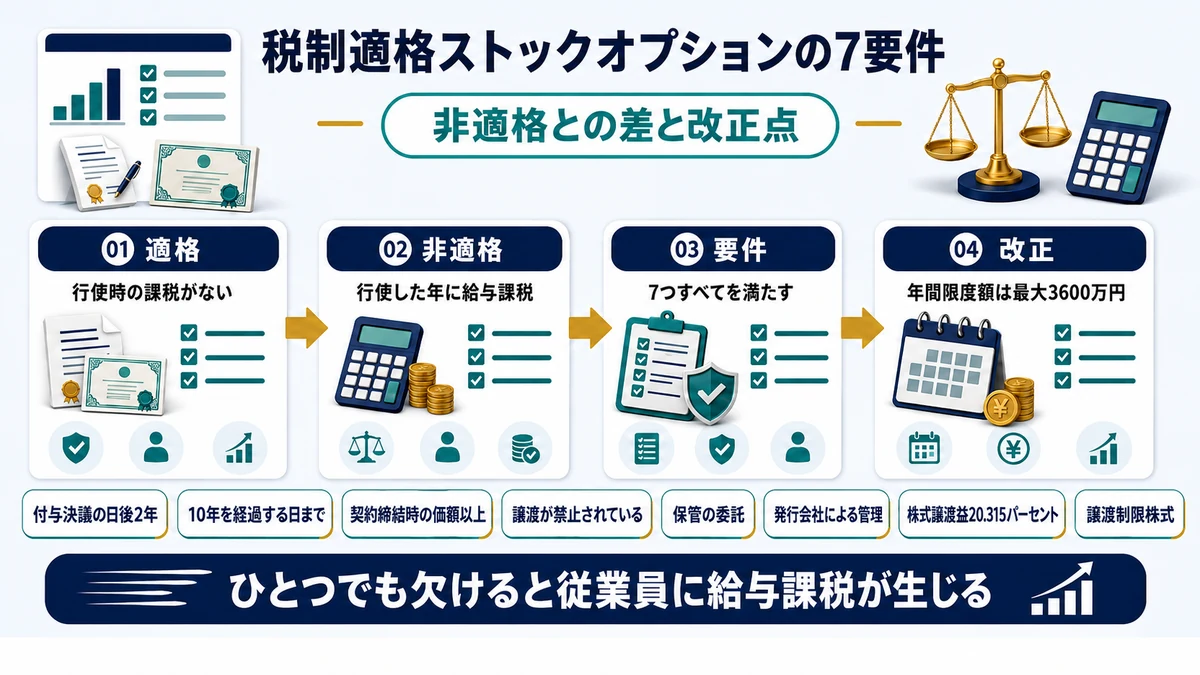 税制適格ストックオプションの7つの要件と非適格との課税の違いをまとめた図
