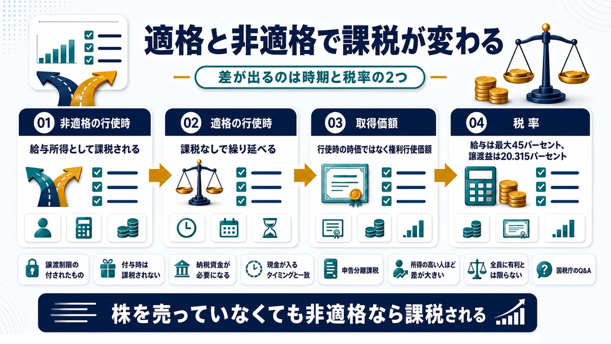 税制適格と非適格のストックオプションで課税時期と税率が異なることを示した図
