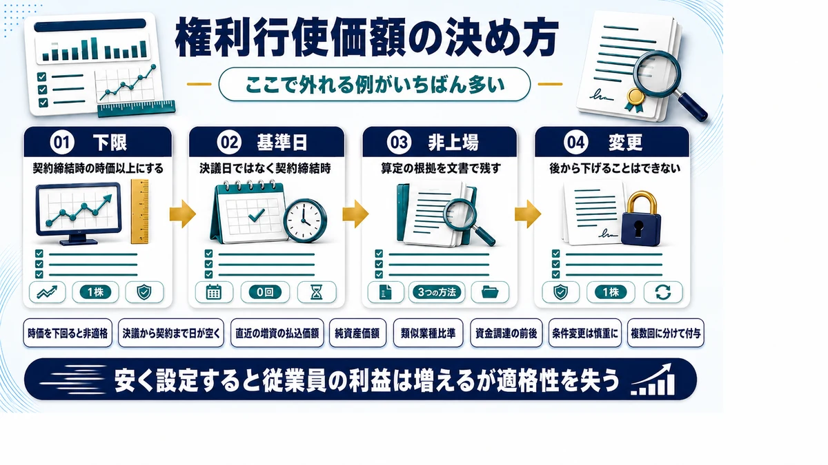 権利行使価額を契約締結時の株価以上に設定する必要があることを示した図