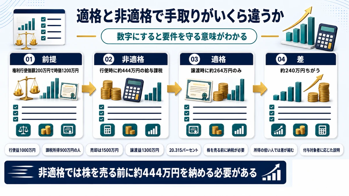 税制適格と非適格で従業員の手取りがどれだけ変わるかを試算した図